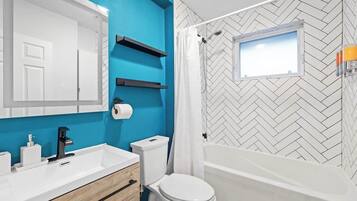 Shower, hair dryer, shampoo