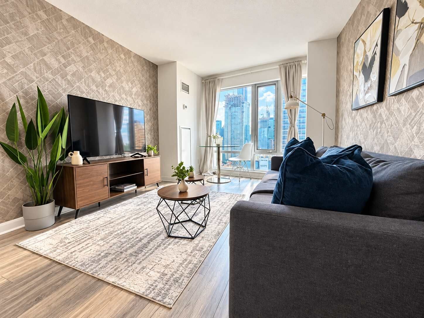 A modern living room with a flat-screen TV, a grey sofa, a coffee table, and a large window with a city view.