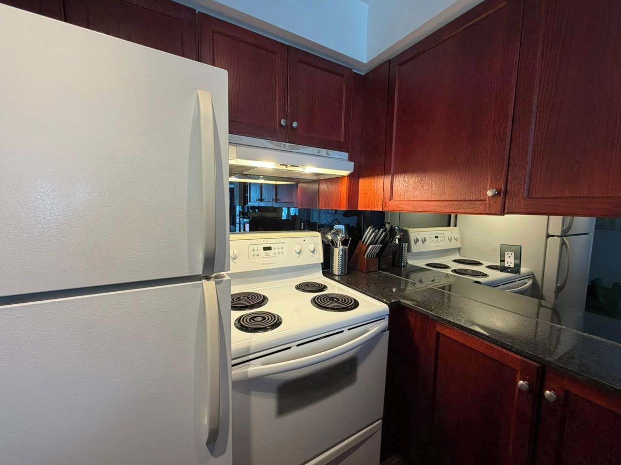 A kitchen with a white refrigerator, stove, and oven, wooden cabinets, and a granite countertop.