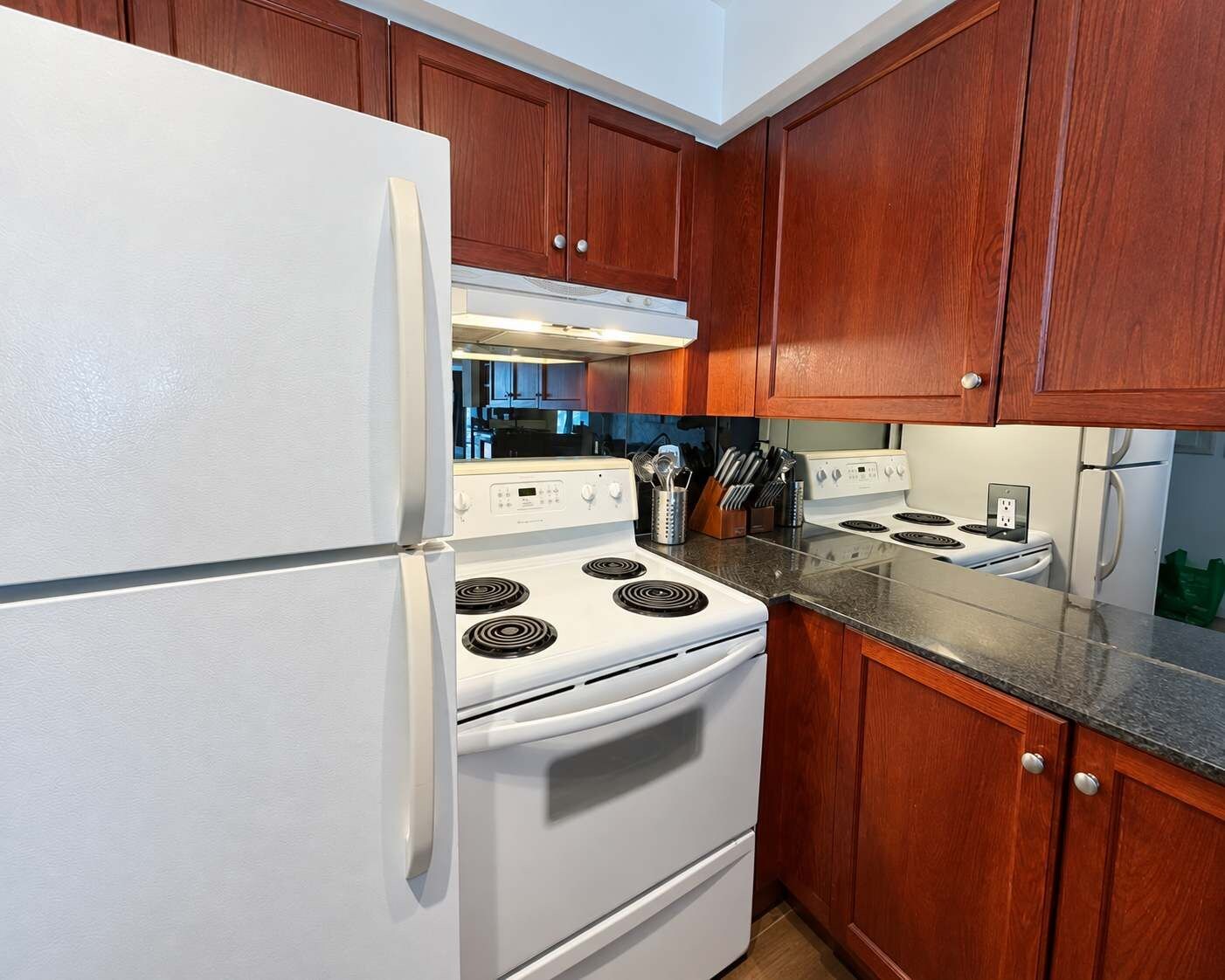 A kitchen with wooden cabinets, a white refrigerator, a stove with four burners, and a countertop with a knife block.