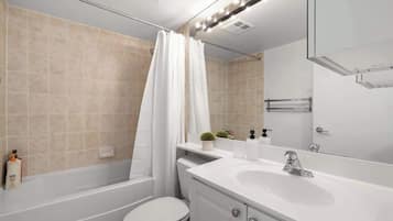 Shower, hair dryer, shampoo