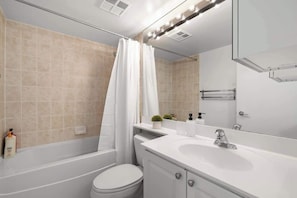 Shower, hair dryer, shampoo