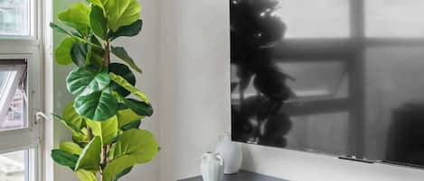 A modern living room with a large flat-screen TV mounted on the wall, a potted plant, a grey console table with a remote control, and a wooden floor.