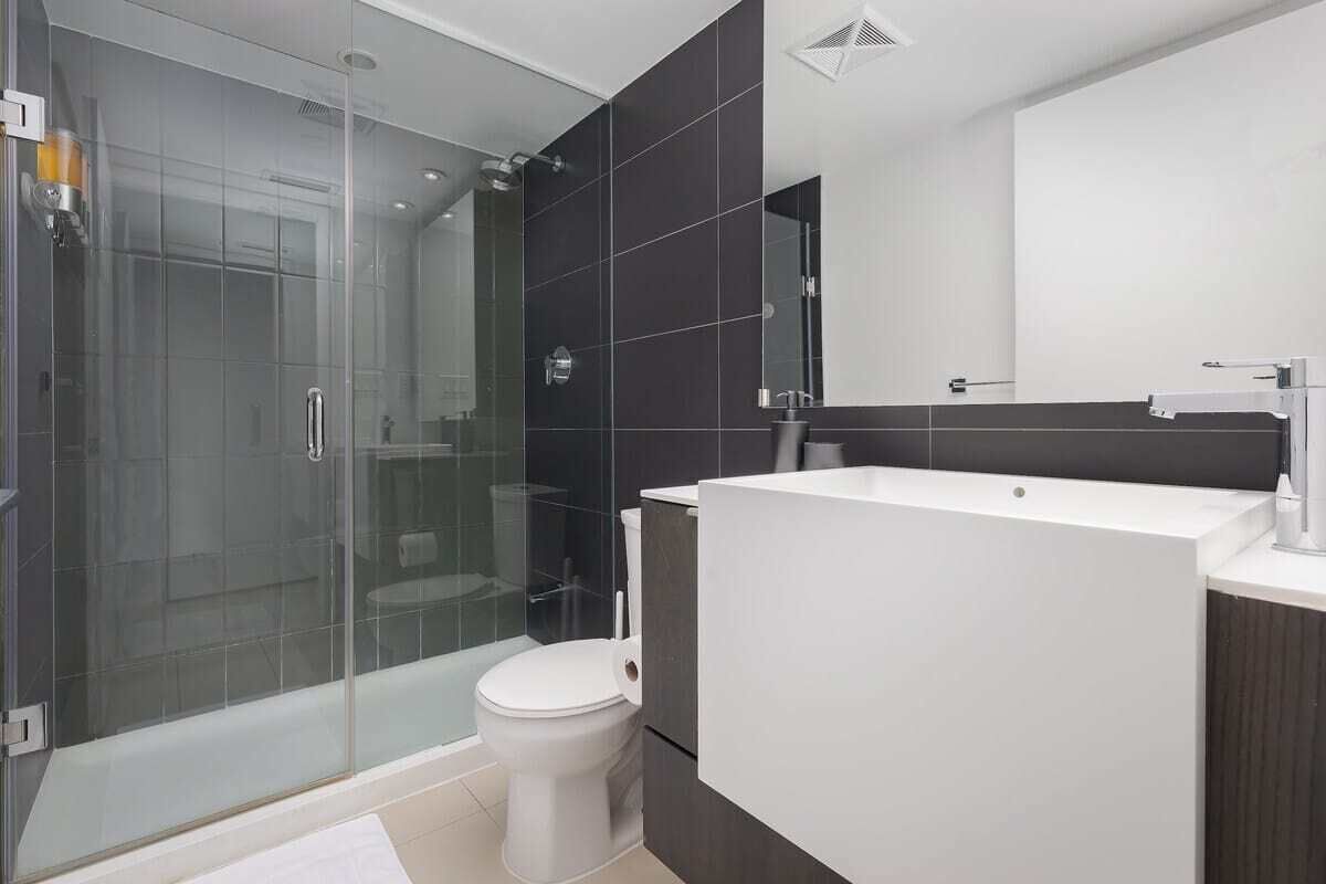 Shower, hair dryer, shampoo