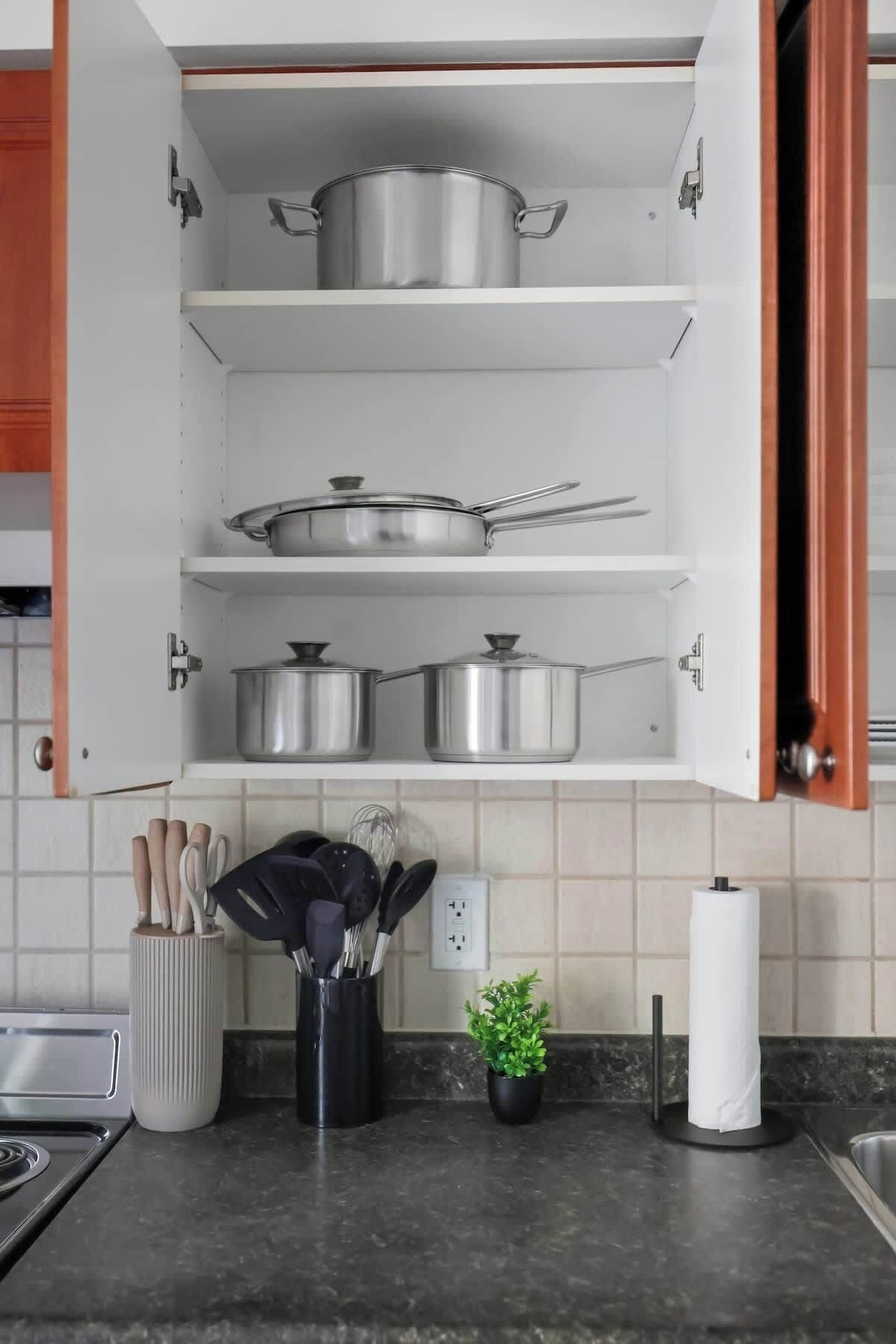 Una cocina con armarios abiertos, una encimera, una planta y un dispensador de toallas de papel.