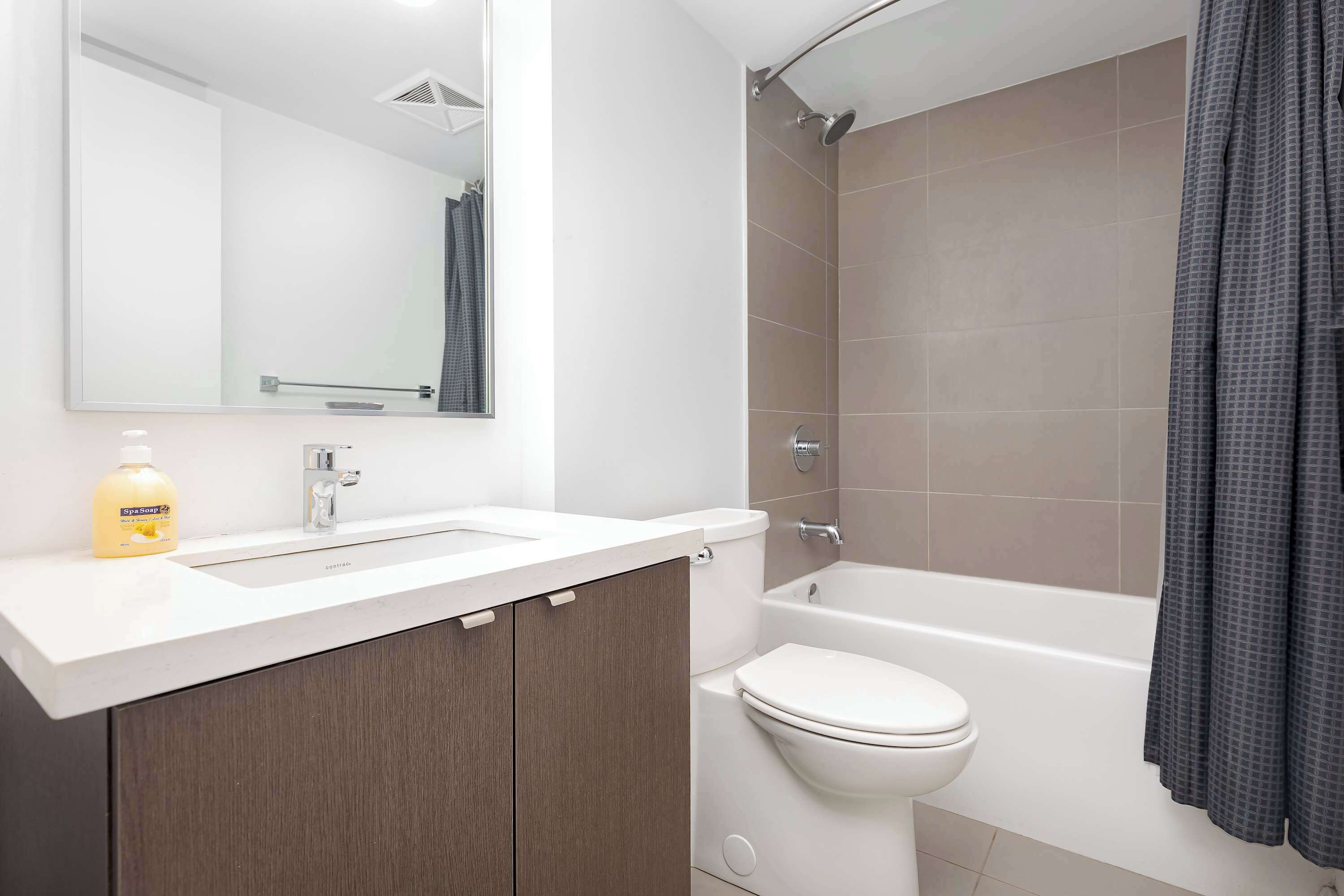 A bathroom with a white sink, a mirror, a bottle of soap, a toilet, and a bathtub.