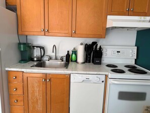 A compact kitchen with wooden cabinets, a stainless steel sink, a coffee maker, a blender, a dishwasher, and a stove. - Modern Studio by Massey Hall | Heart of Toronto | Parking Available (Toronto)