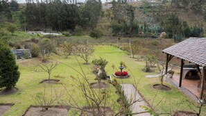 Un giardino con un gazebo, una fontana e diverse piante.