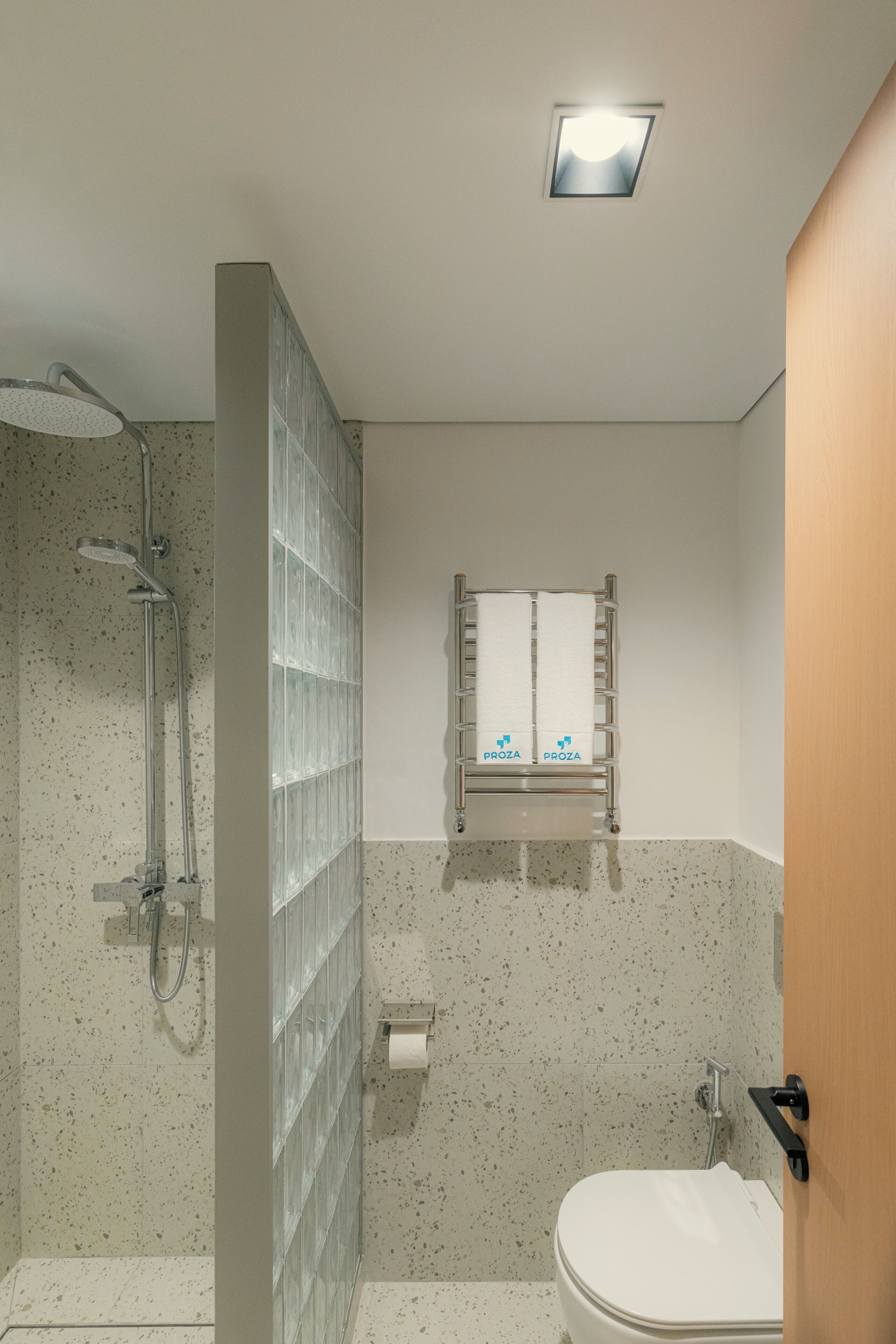 Un baño con ducha, inodoro y perchero para toallas.