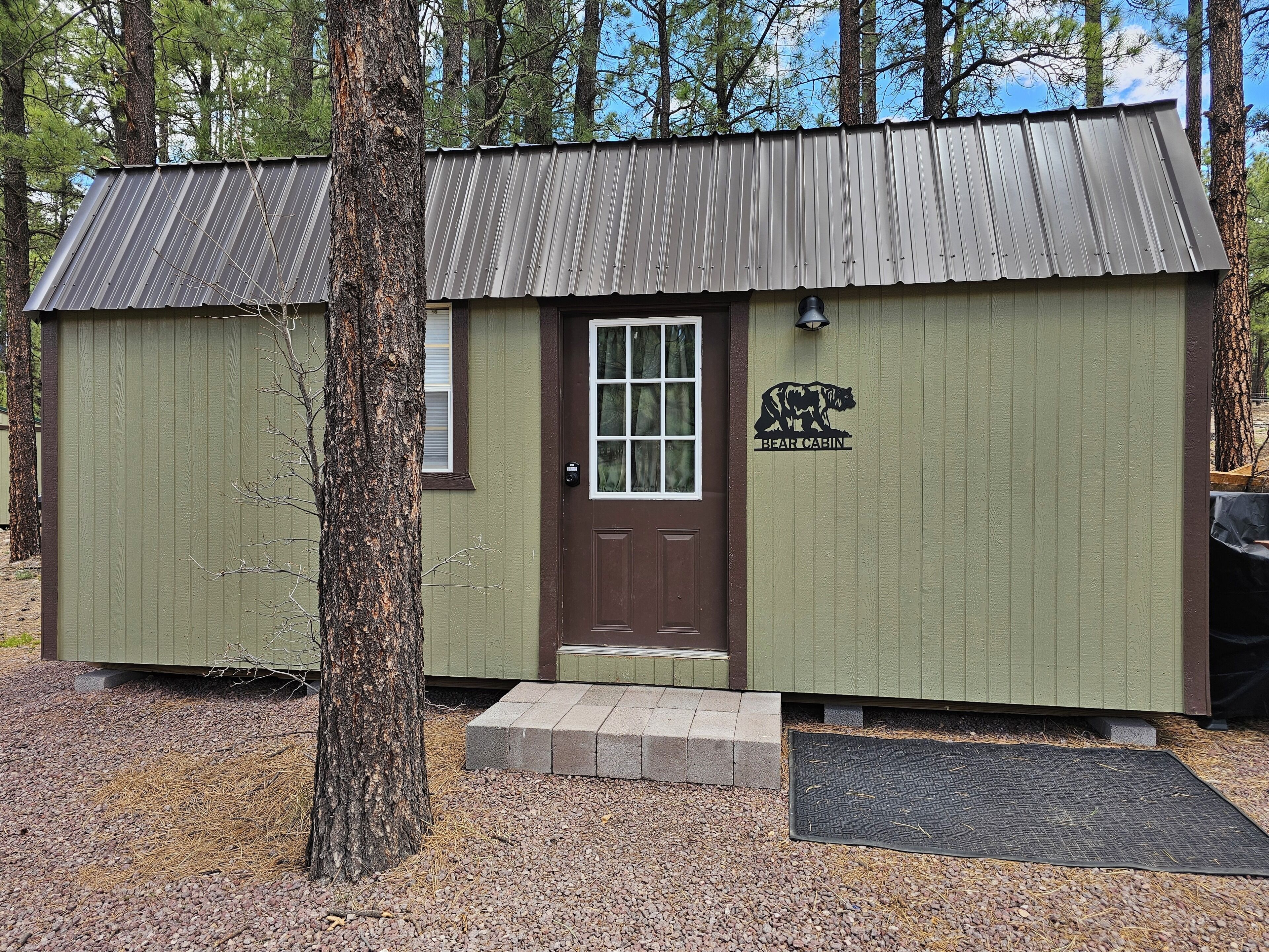 Une petite cabane avec une porte marron et un logo représentant un ours, entourée d’arbres.