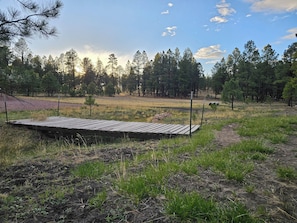 A wooden deck in a grassy field with trees in the background.