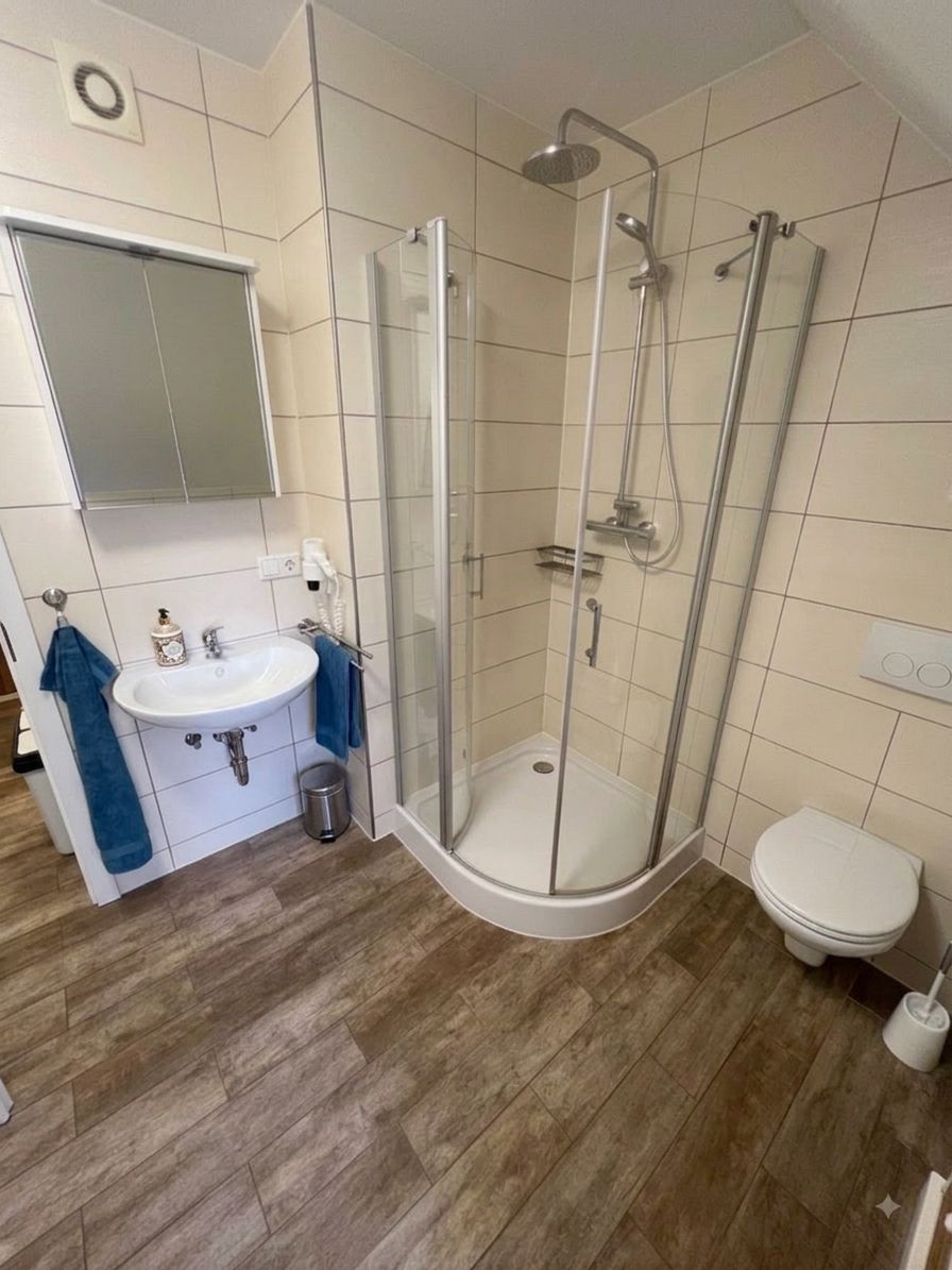 Ein Badezimmer mit einer Duschkabine, einem Waschbecken und einer Toilette.