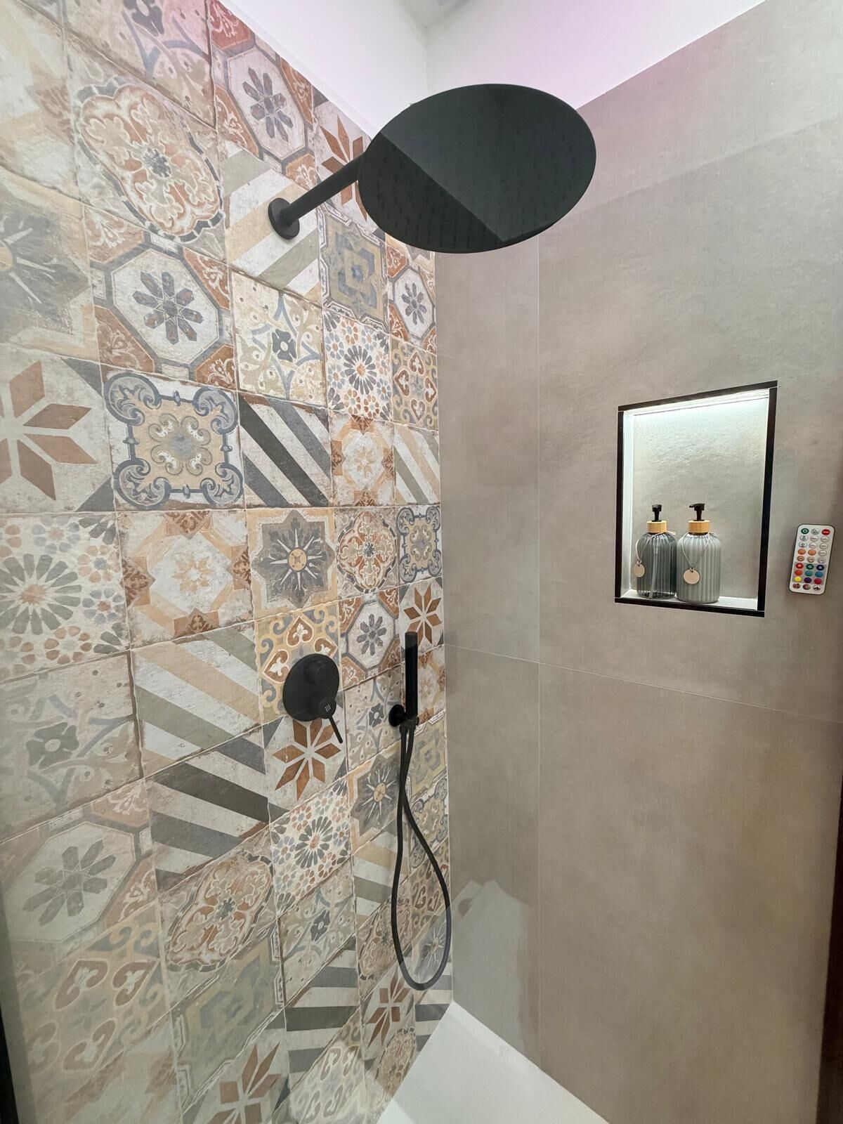 Un espace douche équipé d’un pommeau de douche à main, d’un miroir fixé au mur et d’un panneau de commande.