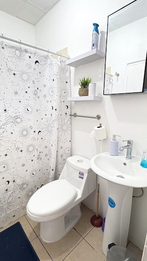Ein Badezimmer mit Toilette, Waschbecken und Duschvorhang.