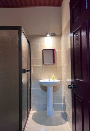 Un baño con lavamanos pedestal, un espejo y una puerta.