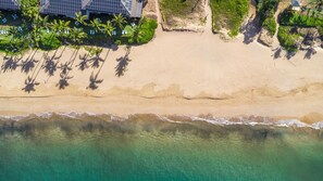 An aerial view of a beach with clear turquoise waters, a sandy shore, and a row of palm trees. - NEW- Renovated Ocean view- Across from the beach- Fantastic location (Kihei)