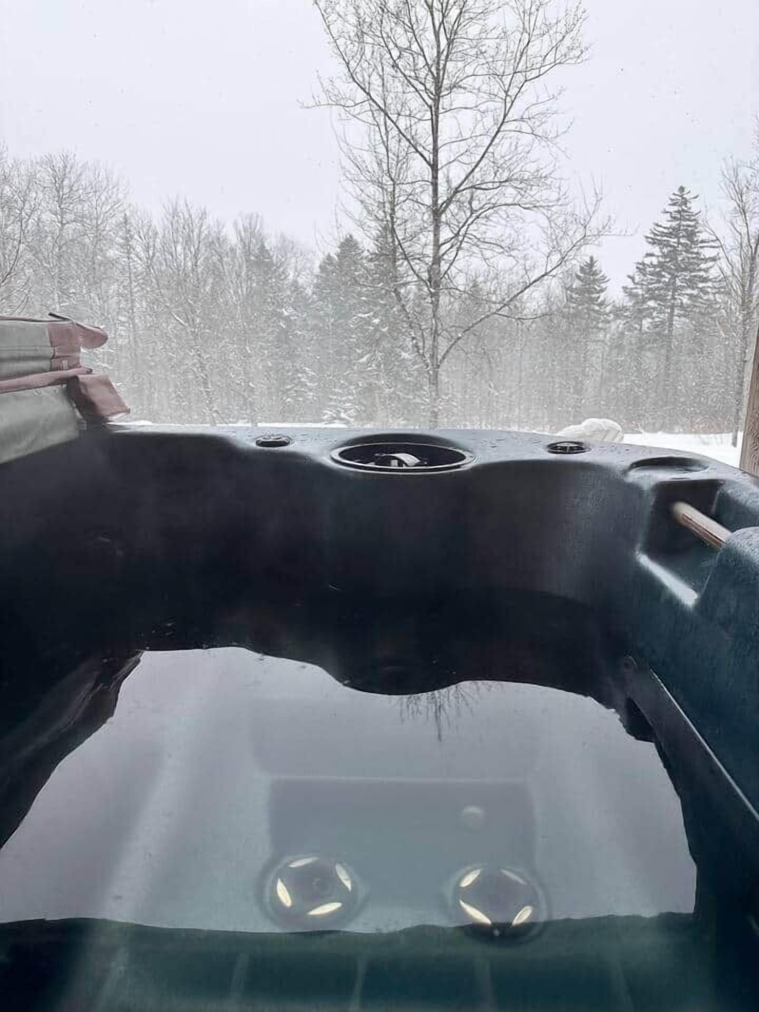 L'intérieur d'un véhicule, avec un volant, un tableau de bord et une vue sur les arbres à travers le pare-brise.