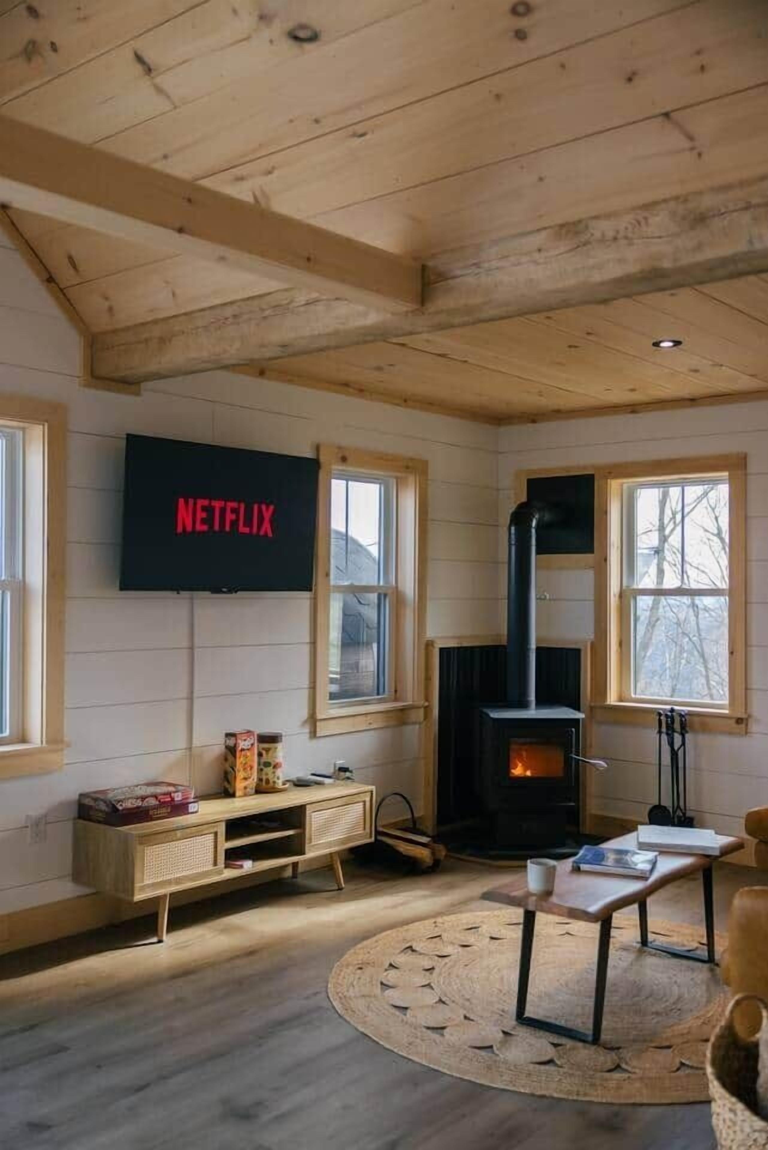 A cozy living room with a fireplace, wooden walls, a television, and a window.