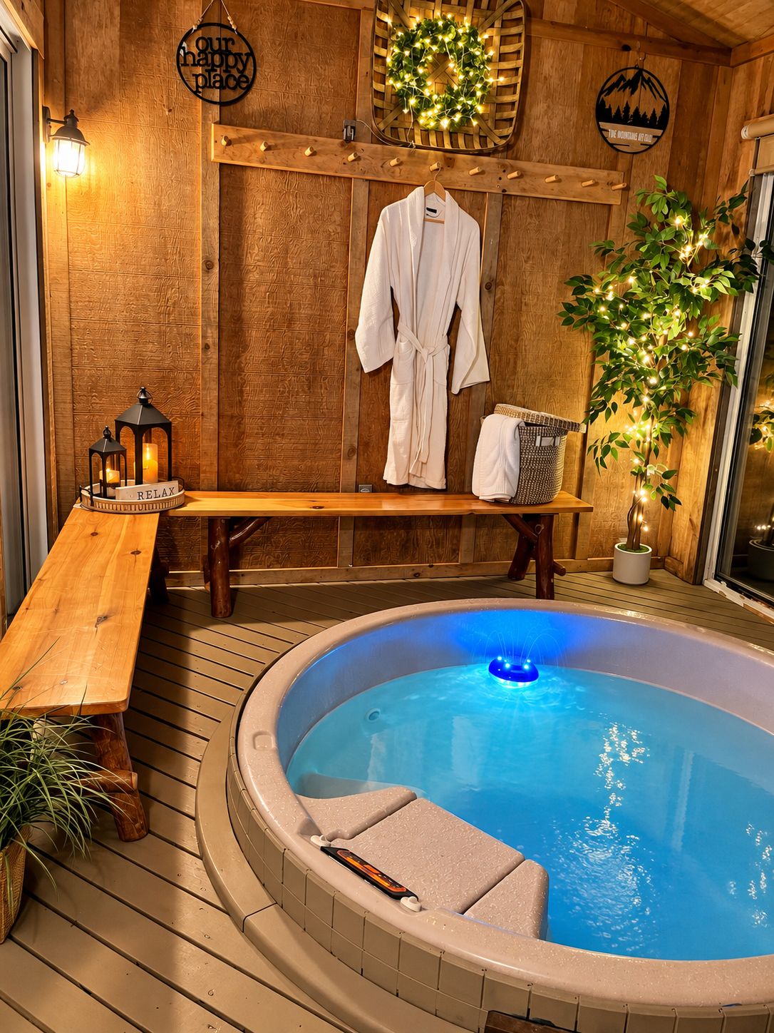 A wooden spa area with a hot tub, a bench, and a robe hanging on a rack.