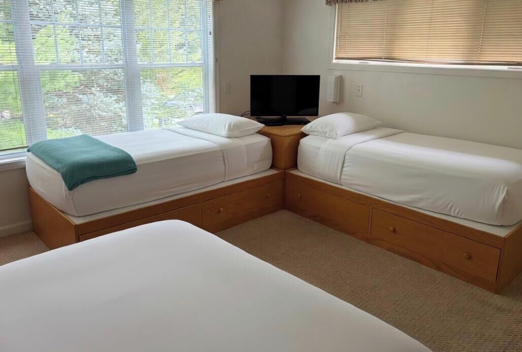 A room with two beds, a television, and a window with blinds.