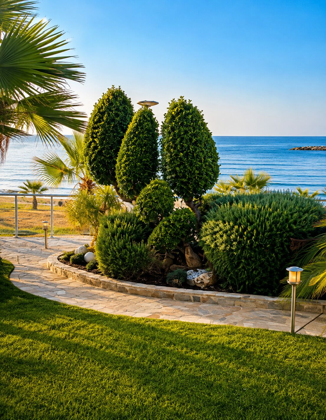 Un jardin aménagé avec un sentier en pierre, des haies soigneusement taillées et une vue sur l’océan.