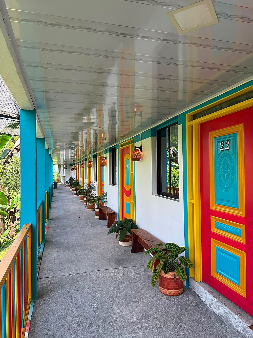 Un pasillo con puertas de colores, números 21 y 22, y plantas en macetas a lo largo del pasillo.