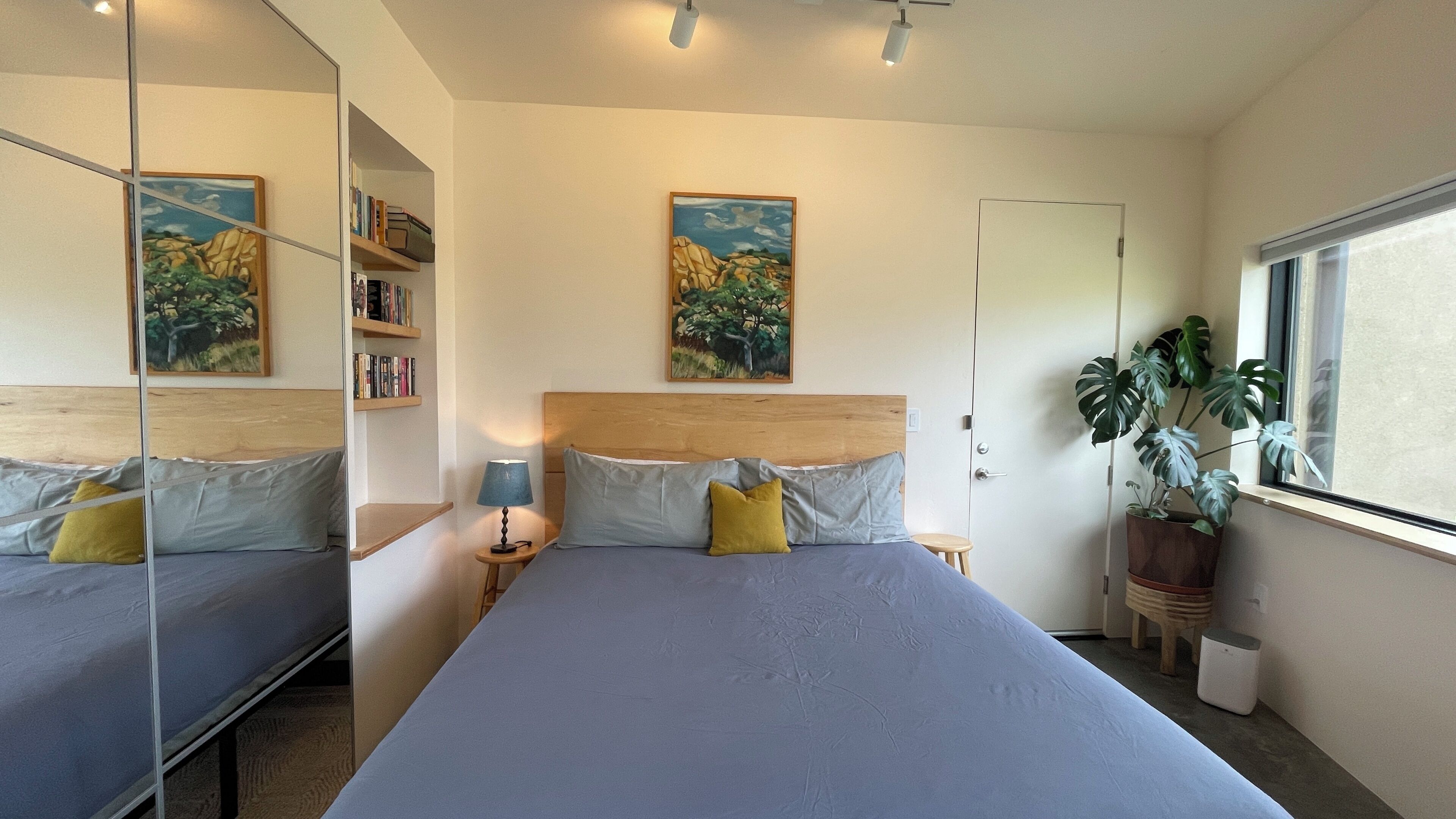 Ein modernes Schlafzimmer mit einem großen Bett, Nachttischen, einem Spiegel, einem Bücherregal und einem Fenster mit Pflanze.