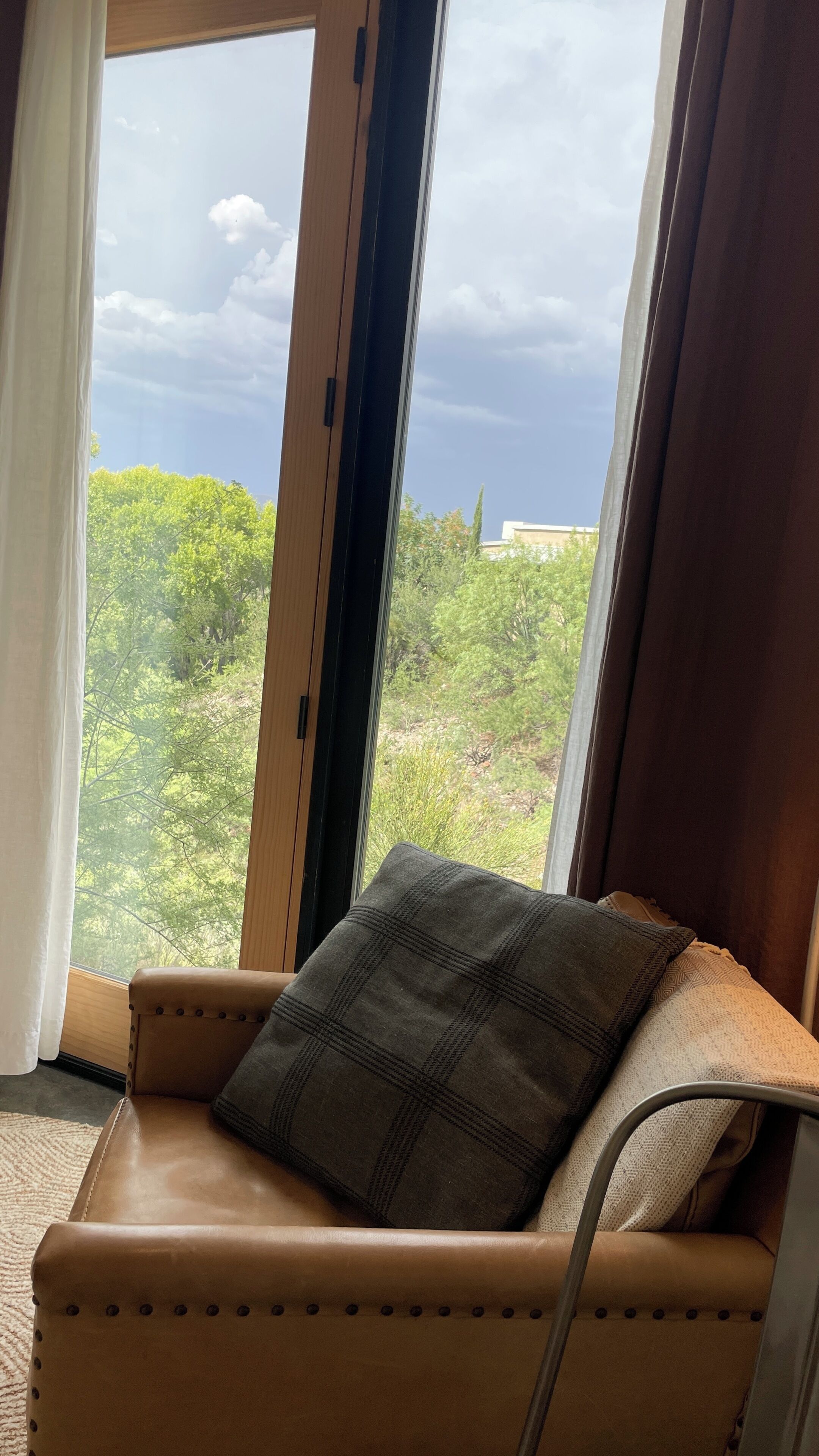 Ein Zimmer mit Fenster, ein brauner Ledersessel und Blick auf Grünflächen sowie ein Gebäude.