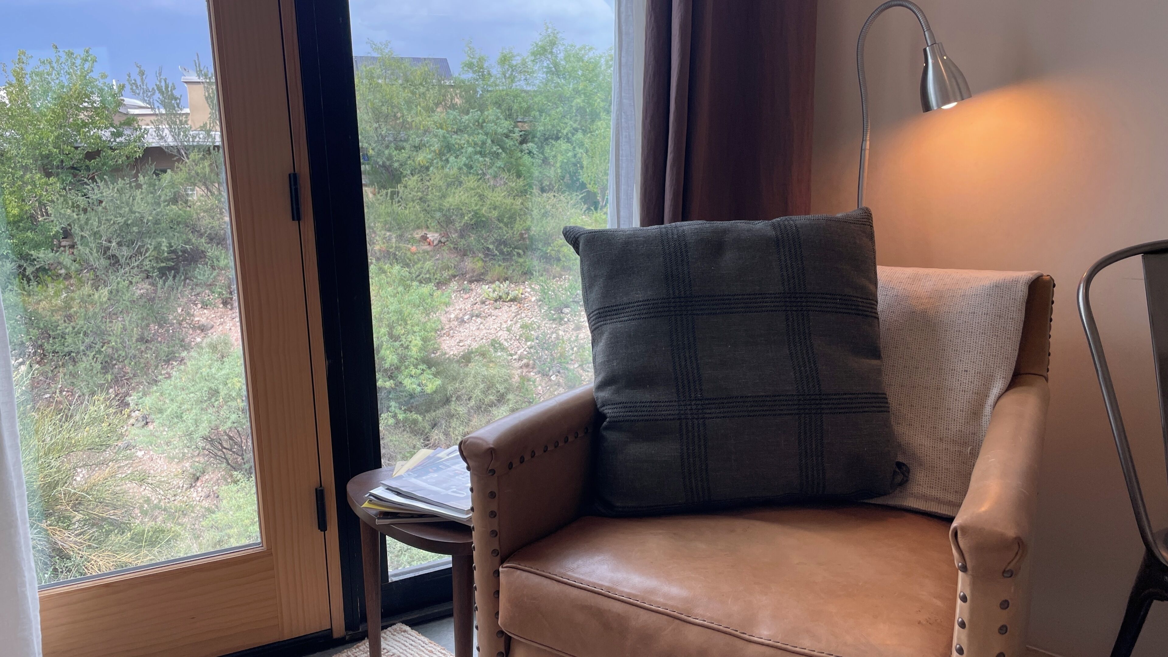 A room with a leather armchair, a window with a view of greenery, and a lamp.