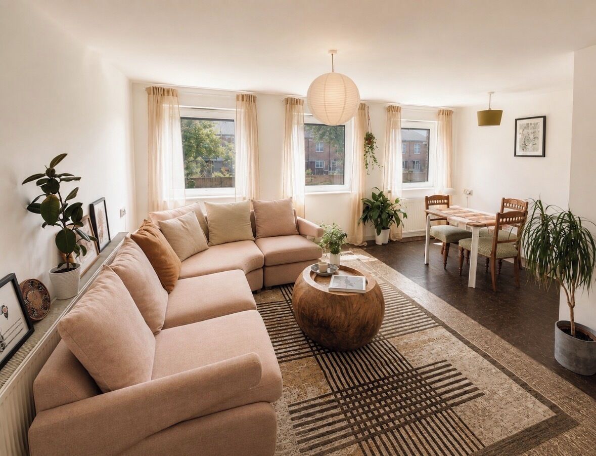 A modern living room with a beige sectional sofa, a round coffee table, and a dining area with a wooden table and chairs.