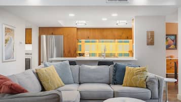 Smart TV, fireplace, books