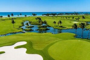 Un parcours de golf avec un obstacle d’eau, des palmiers et une vue sur l’océan.