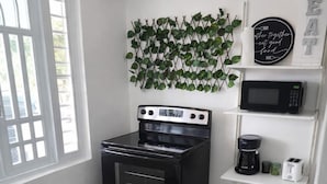 Une cuisine avec un four noir, un four à micro-ondes, une machine à café et une plante fixée au mur.