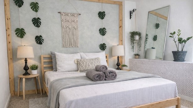 Un letto con struttura in legno, due comodini con lampade, un pannello decorativo in macramè a parete e uno specchio.