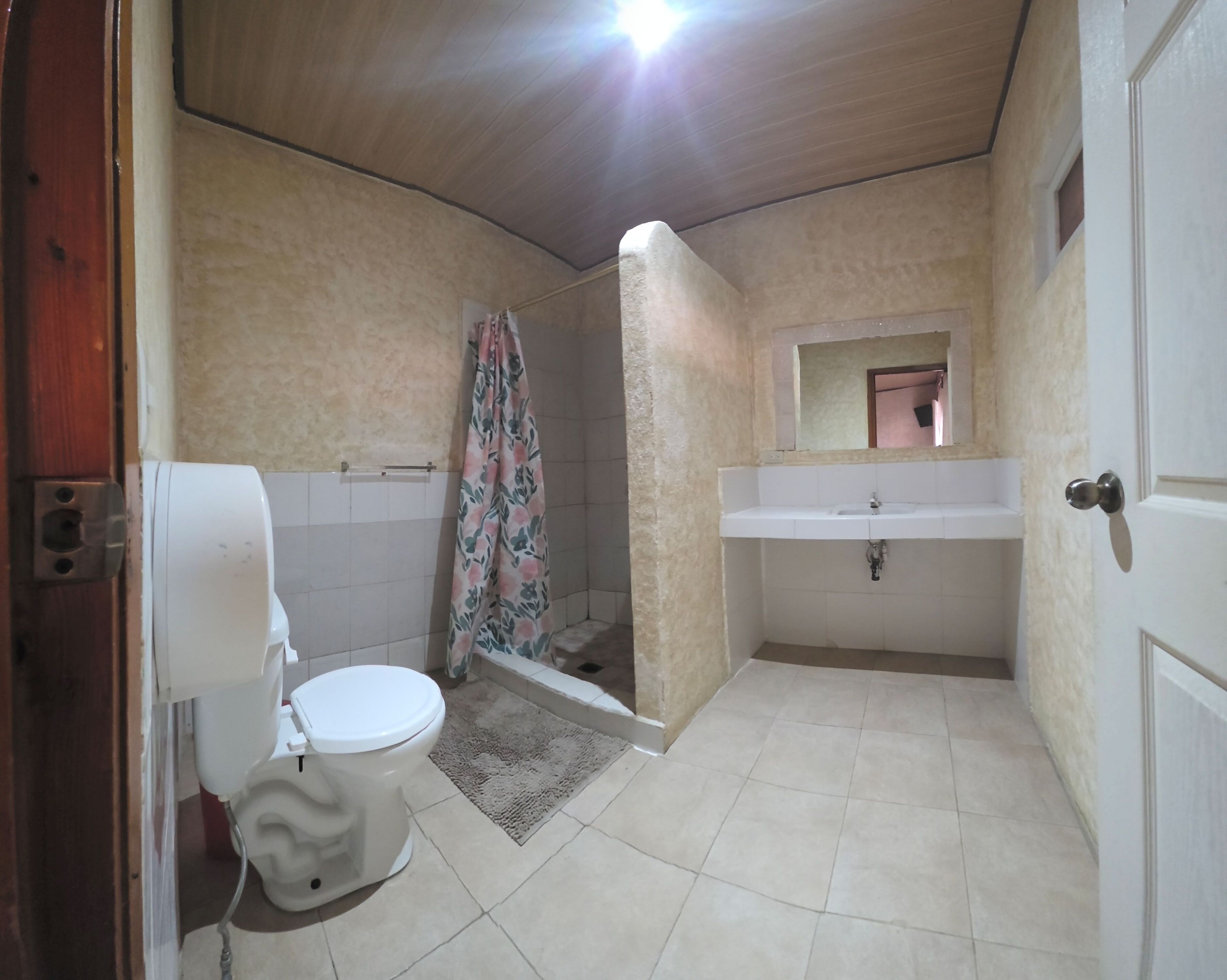 A bathroom with a toilet, shower, sink, and a mirror.