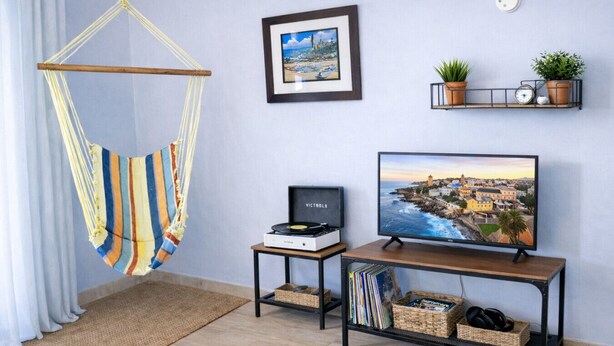 Ein Zimmer mit einer Hängematte, einem gerahmten Bild, einem Fernseher und Regalen mit Pflanzen und Büchern.