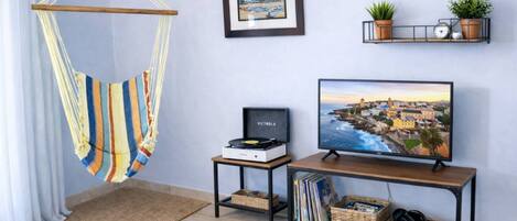 A room with a hammock, a framed picture, a television, and shelves with plants and books.