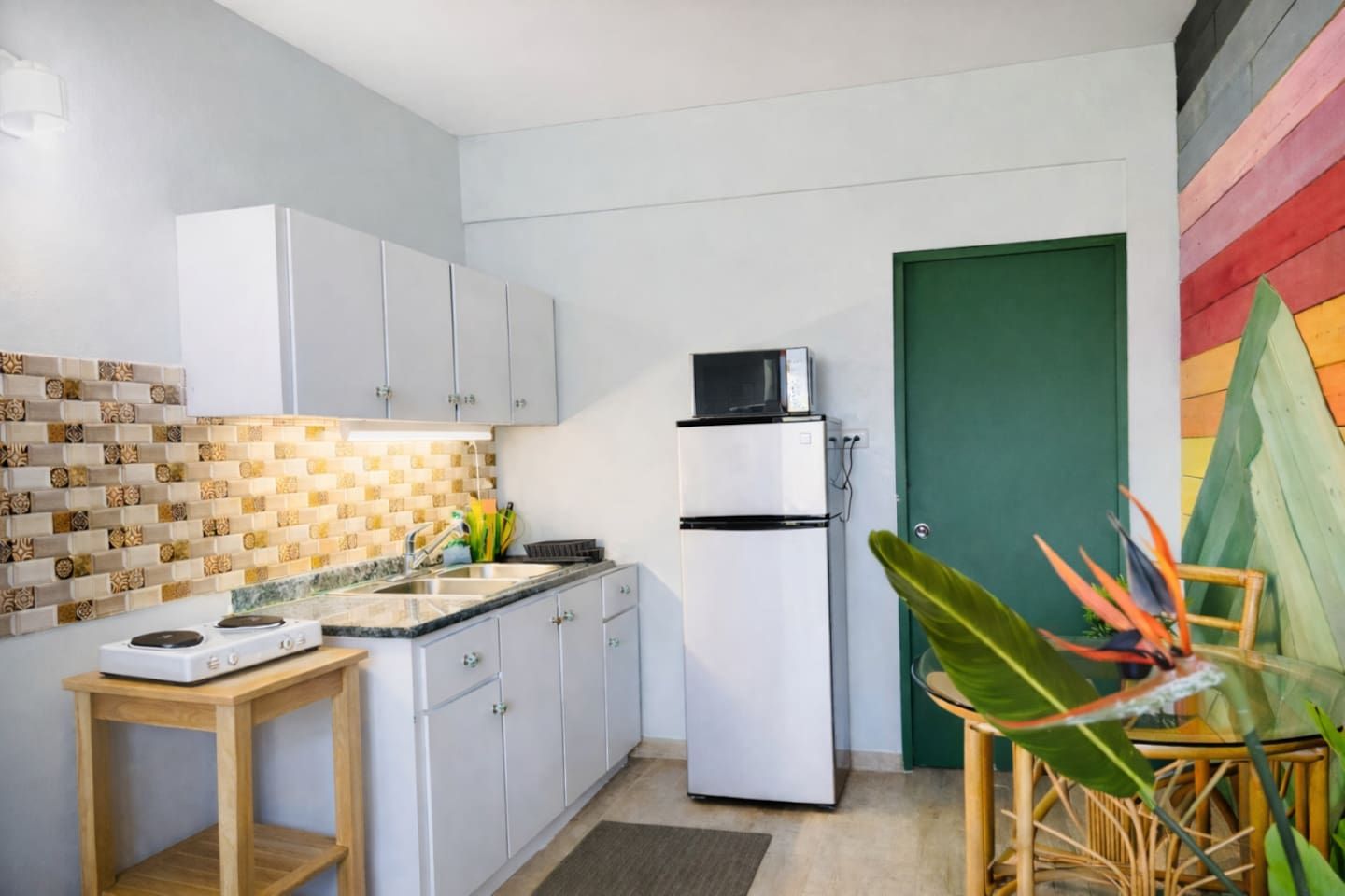 A compact kitchen with white cabinets, a microwave, a gas stove, and a sink. There is a green door and a plant with large leaves.