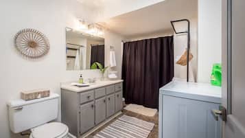 Hair dryer, towels, soap, toilet paper