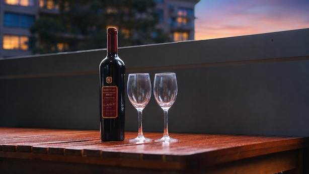 Une bouteille de vin et deux verres sur une table en bois, avec en arrière-plan une vue sur des bâtiments.