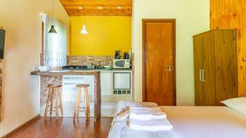 Habitación pequeña con kitchenette, cama y armario.