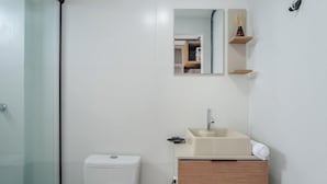 Un bagno con il water, un lavandino, uno specchio e una zona doccia.