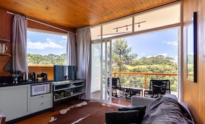 Una habitació acollidora amb sostre de fusta, una gran porta corredissa de vidre a un balcó, una zona de cuina amb microones i un moqueta de pell de vaca.