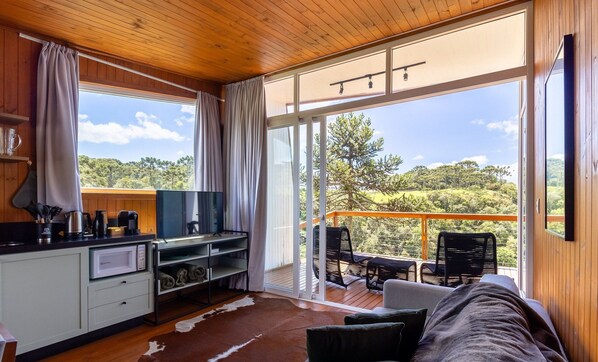 A cozy room with a wooden ceiling, a large sliding glass door to a balcony, a kitchen area with a microwave, and a cowhide rug.