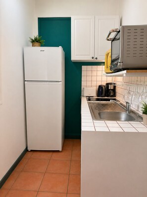 A compact kitchen with a white refrigerator, a microwave, a sink, and a small countertop area. - Cozy Studio 150 meters from the beach (Les Trois-Îlets)