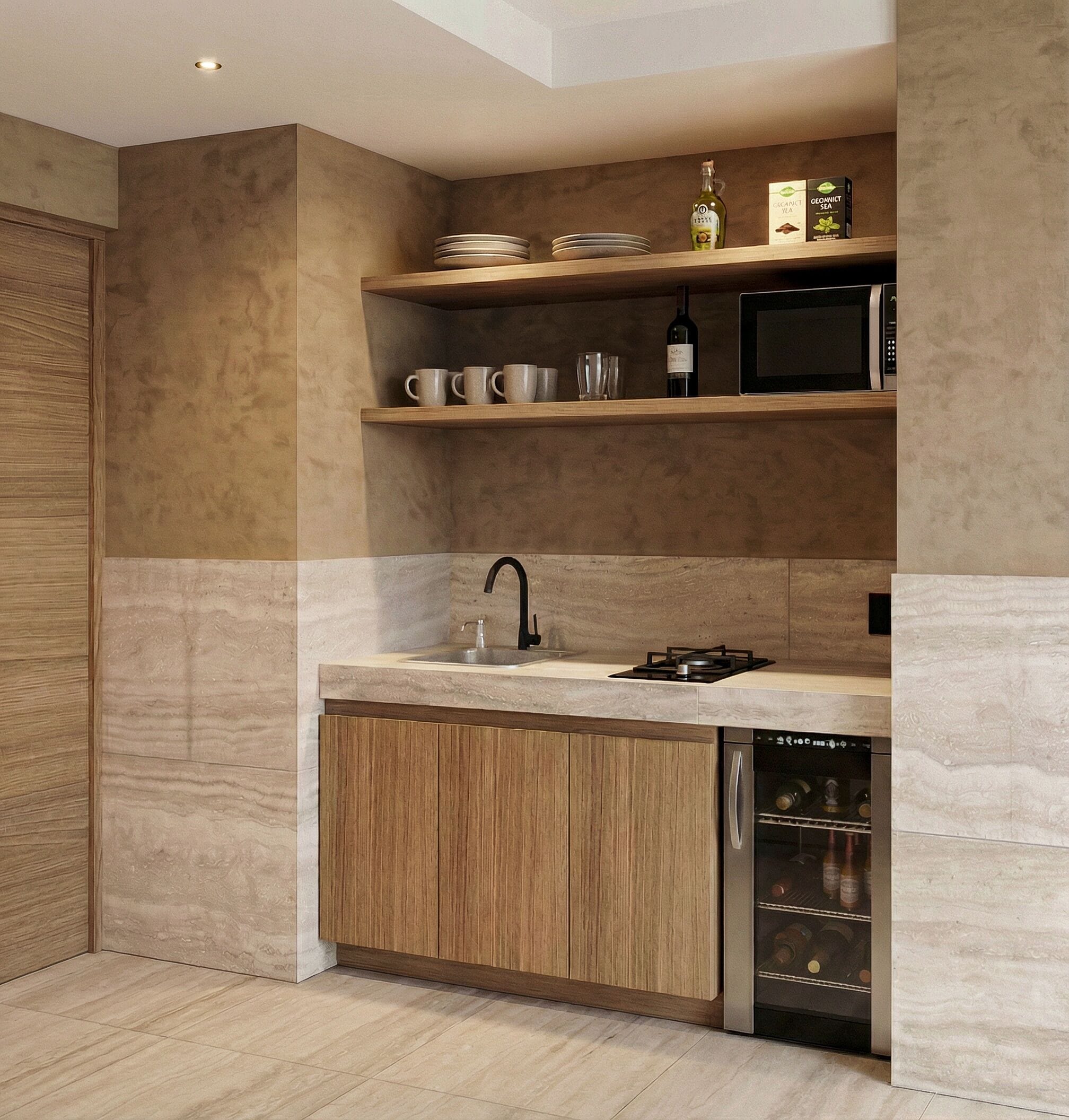 Une cuisine moderne avec des meubles en bois, un lave-vaisselle encastré et un micro-ondes posé sur une étagère.
