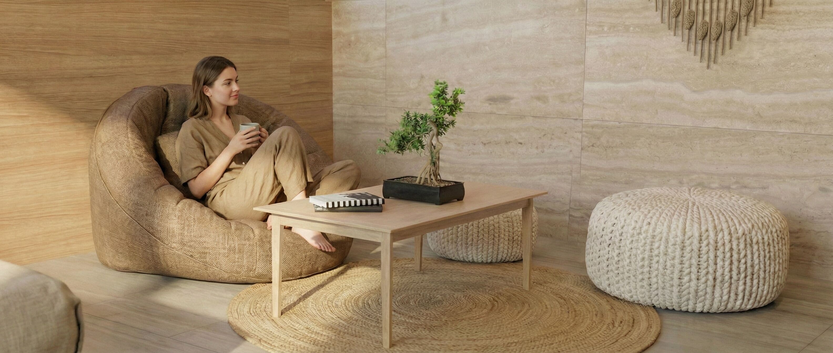 Une personne est assise sur un canapé à la texture particulière, avec une petite table en bois à côté d’elle, un pot de plante et un pouf à la texture int éressante.
