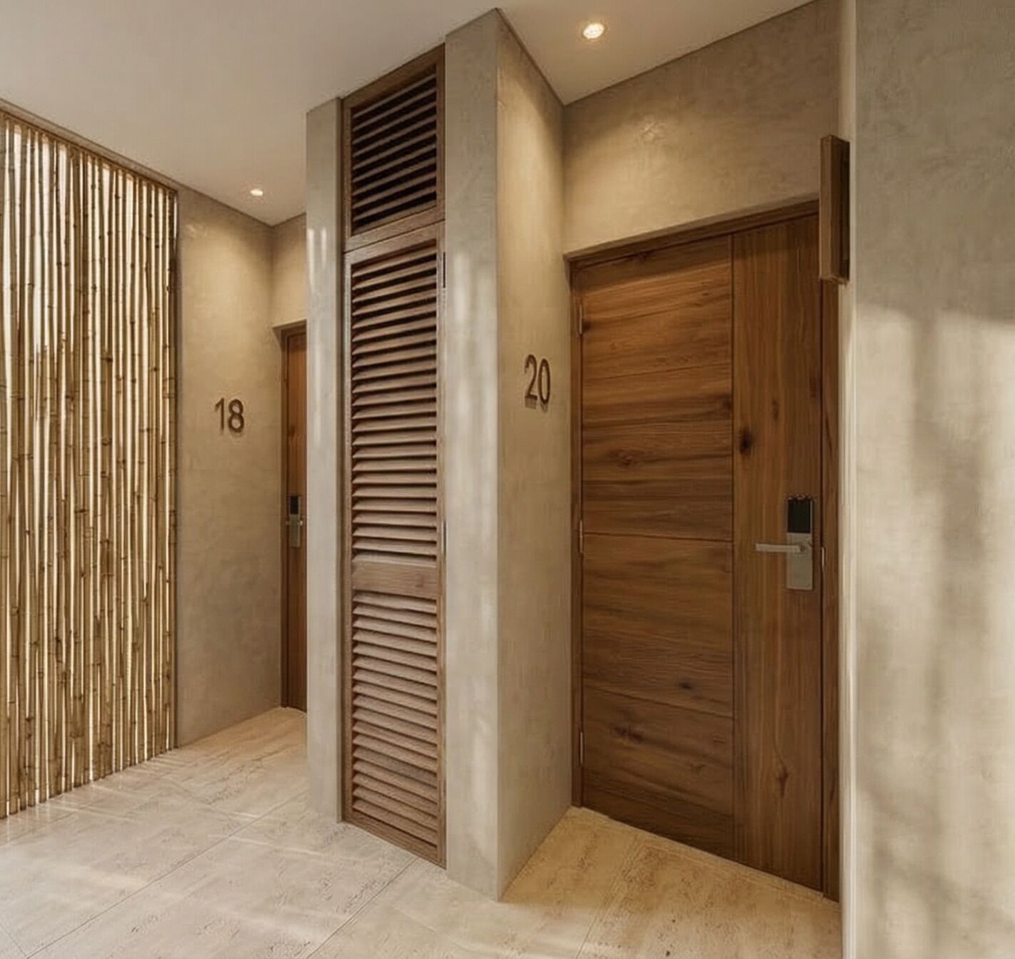 A hallway with two wooden doors, each marked with a number.