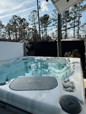 Ein Whirlpool mit Bedienfeld, umgeben von einer Holzterrasse und einem Zaun, mit Bäumen im Hintergrund.