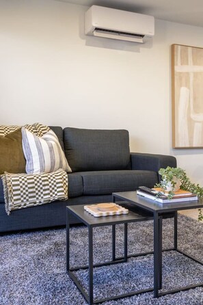 Ein modernes Wohnzimmer mit einem dunkelgrauen Sofa, einer karierten Decke, einem gestreiften Kissen, einem kleinen schwarzen Couchtisch und einer Topfpflanze.